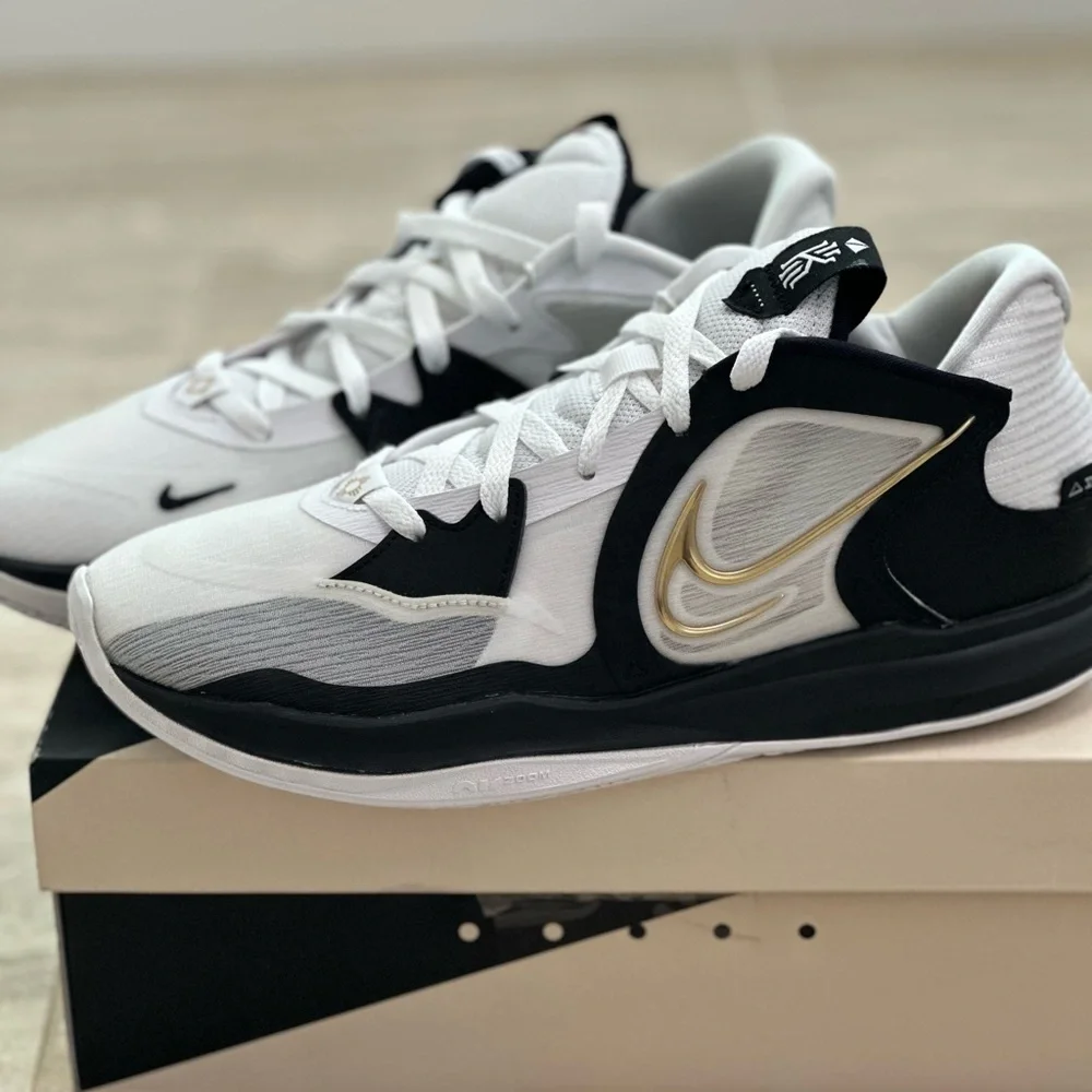 Nike Kyrie Low 5 Black and White Basketball Shoes with Gold Detail